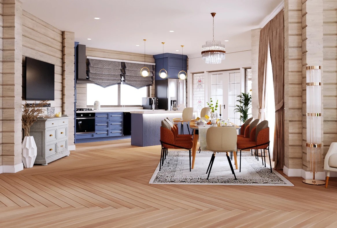 Дизайн гостиной-кухни загородного дома