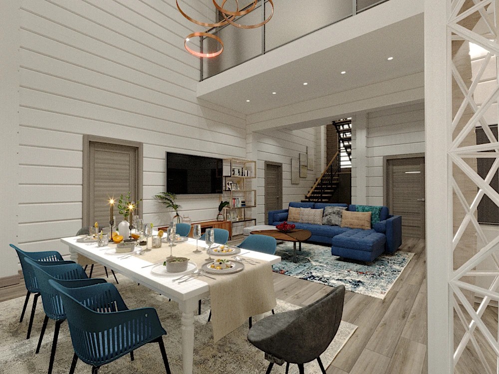 Дизайн гостиной-столовой загородного дома