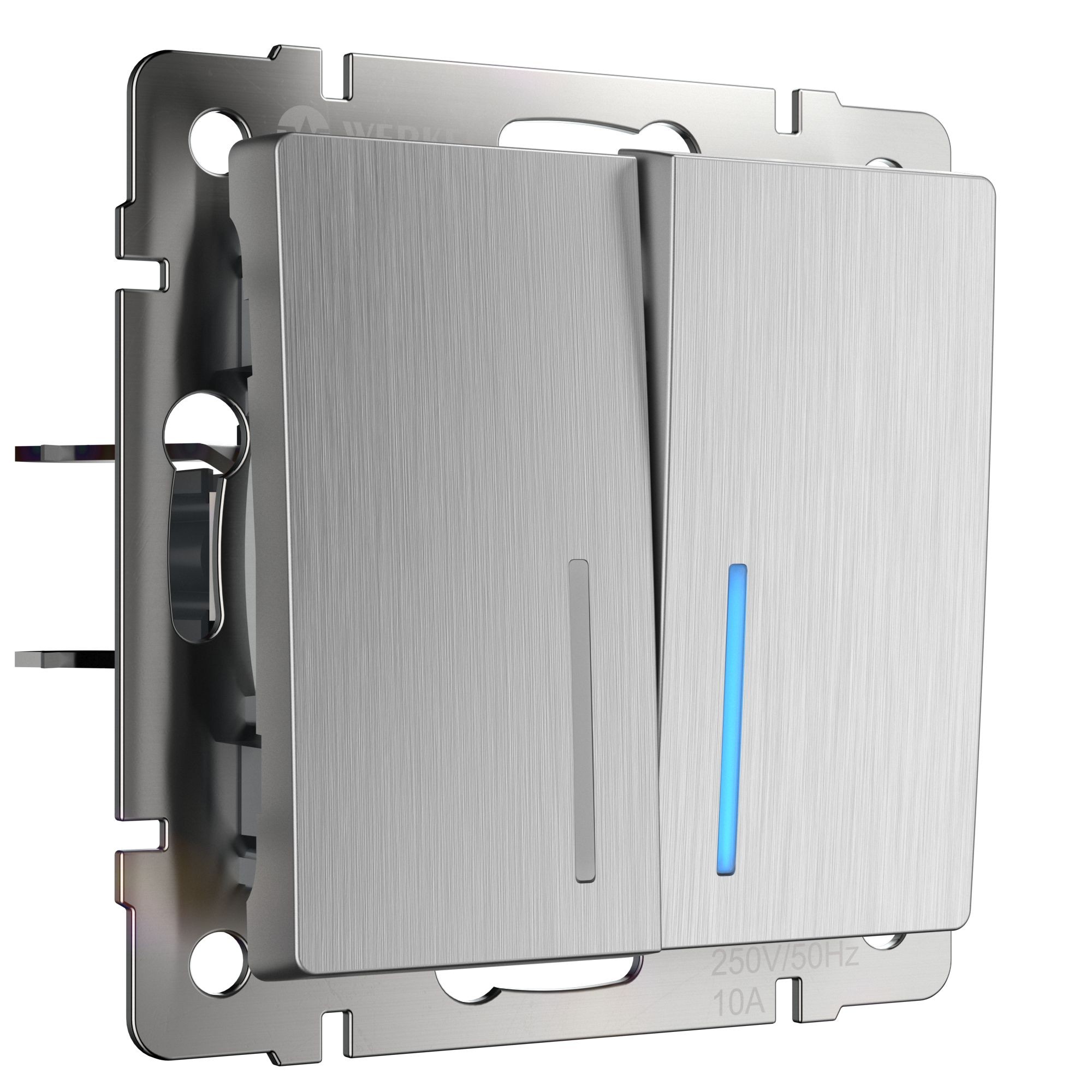 Выключатель Werkel W1122109/ Выключатель двухклавишный проходной с подсветкой (cеребряный рифленый)