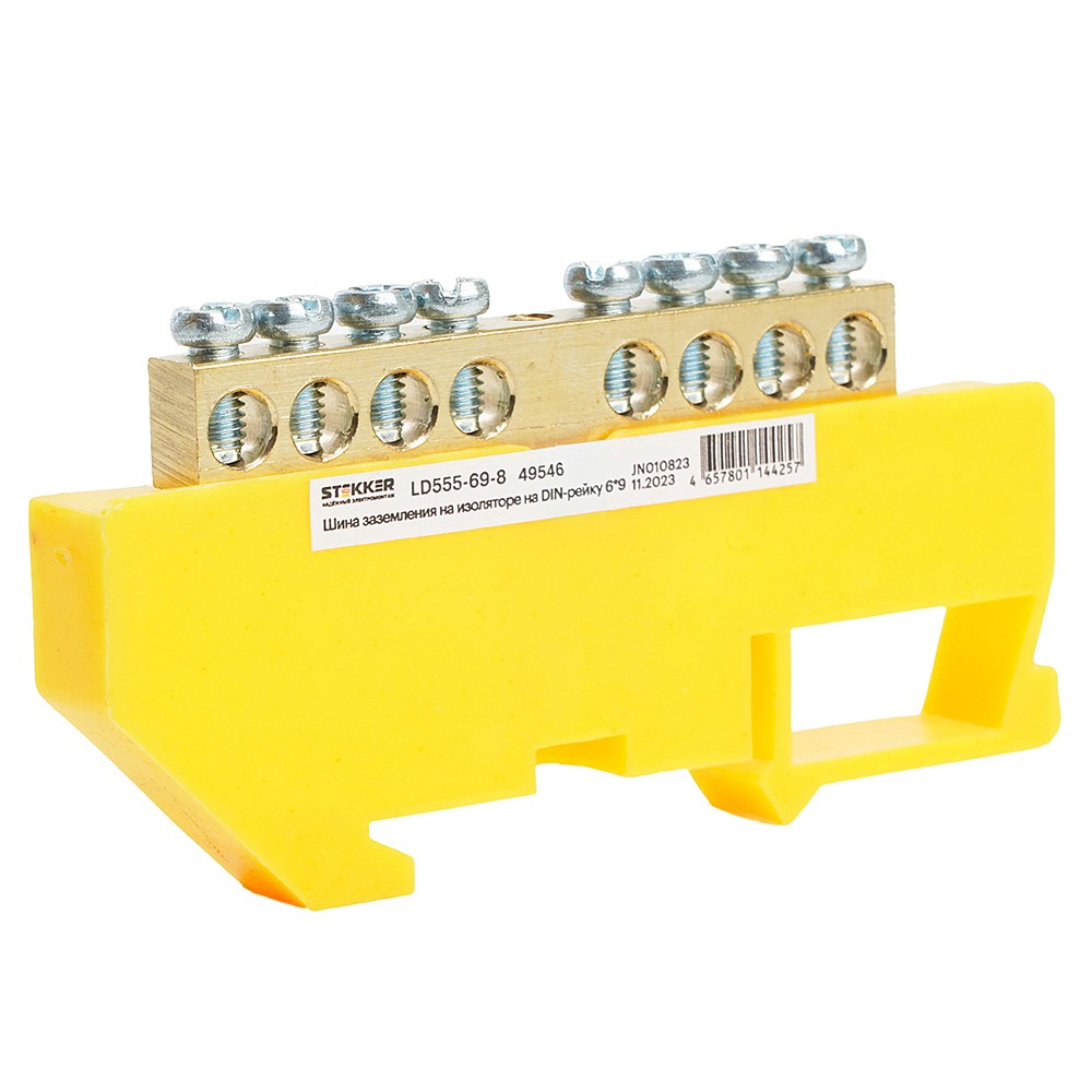 Шина PE на изоляторе 6*9 на DIN-рейку 8 выводов Stekker LD555-69-8 49546