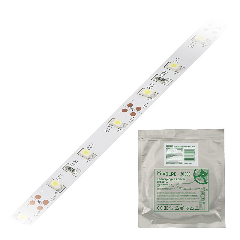 LED лента Volpe Uls-q320 ULS-Q320 2835-60LED/m-8mm-IP20-DC12V-4,8W/m-5M-6500K катушка в герметичной упаковке