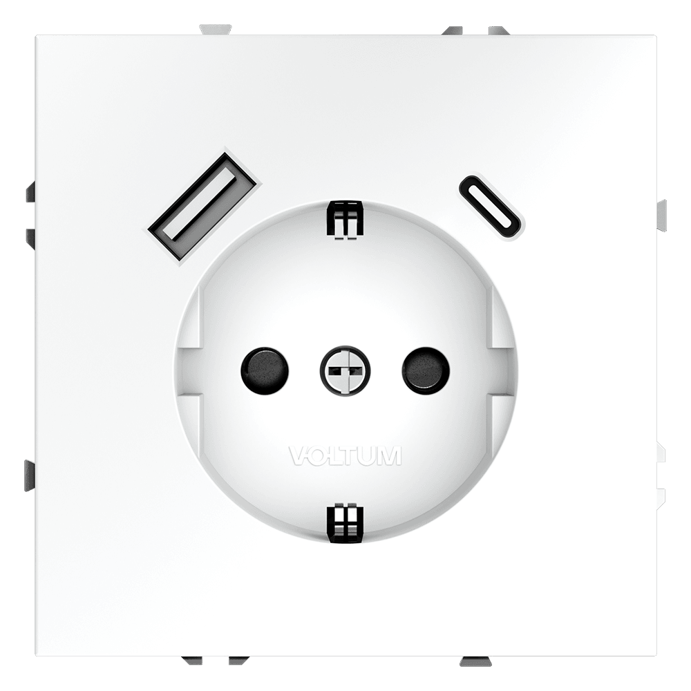 Розетка встраиваемая VOLTUM S70 с заземлением и защитными шторками, 16А, с USB, A+С, (белый матовый) VLS040502